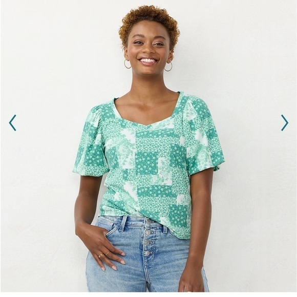 LC Lauren Conrad green patchwork sweetheart bubble sleeve tee! - Picture 1 of 5